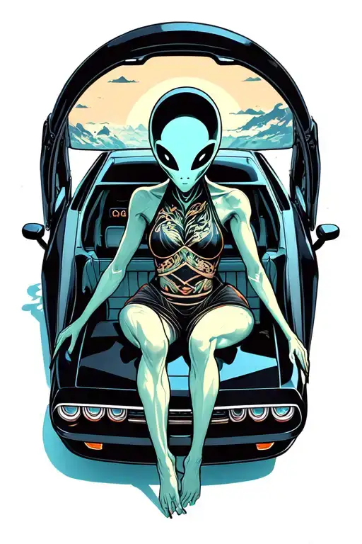 an alien sitting inside of a black dodge challenger car tattoo design idea