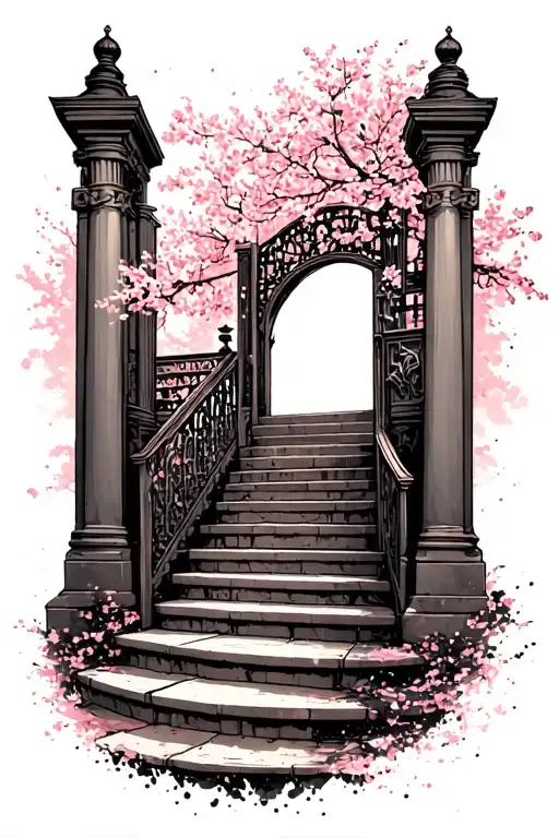Heaven gates open with stairs using white ink splatter cherry blossom tattoo design idea