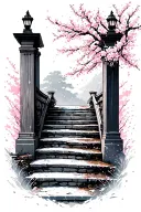 Heaven gates open with stairs using white ink splatter cherry blossom tattoo design idea