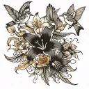 W wrapped in tiger lilies/ sparrows flying tattoo design idea