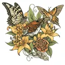 W wrapped in tiger lilies/ sparrows flying tattoo design idea