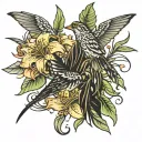 W wrapped in tiger lilies/ sparrows flying tattoo design idea