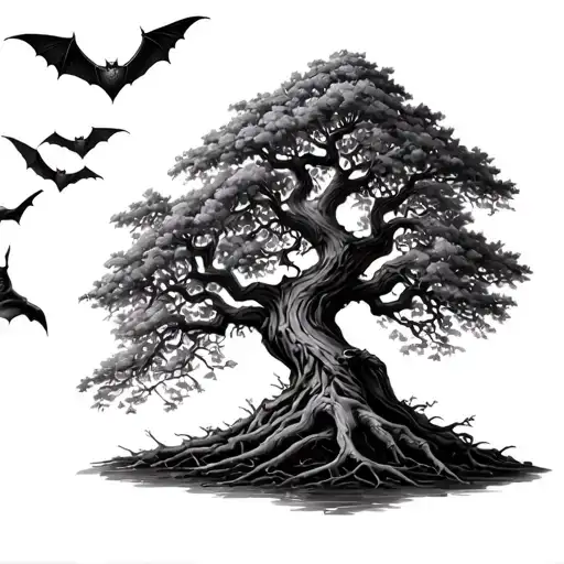 half forearm curved posion tree growing with bats flying close to the tree and let there be less leaves and more branche tattoo design idea