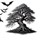 half forearm curved posion tree growing with bats flying close to the tree and let there be less leaves and more branche tattoo design idea