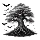 half forearm curved posion tree growing with bats flying close to the tree and let there be less leaves and more branche tattoo design idea