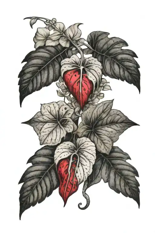 ferns, bleeding heart and Caladium  tattoo design idea