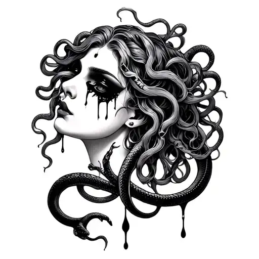 fineline Medusa head with real hair and snakes and black tears in feminine style  tattoo design idea