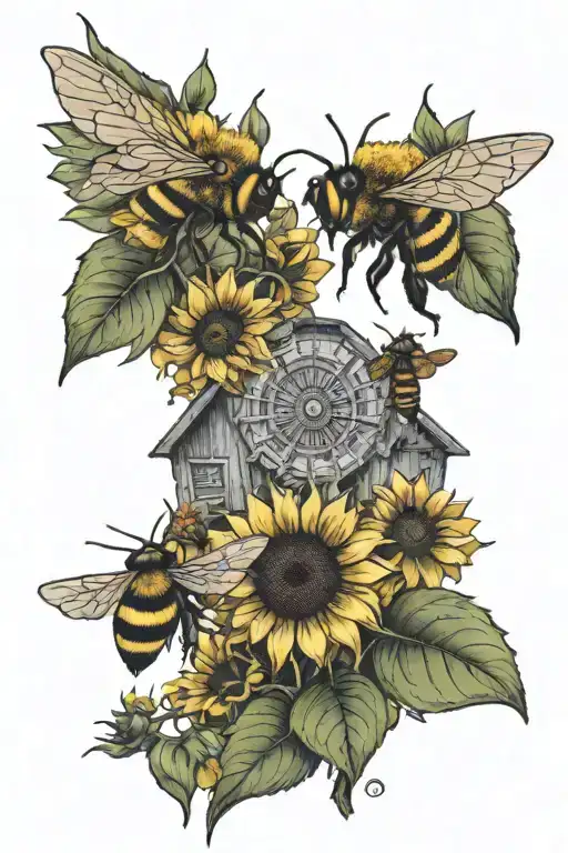 Sunflowers and bees with farm scene tattoo design idea