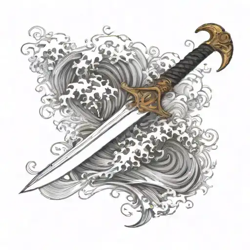 a sword or dagger cutting through turbulent waves and to whatever end written in middle of it  tattoo design idea