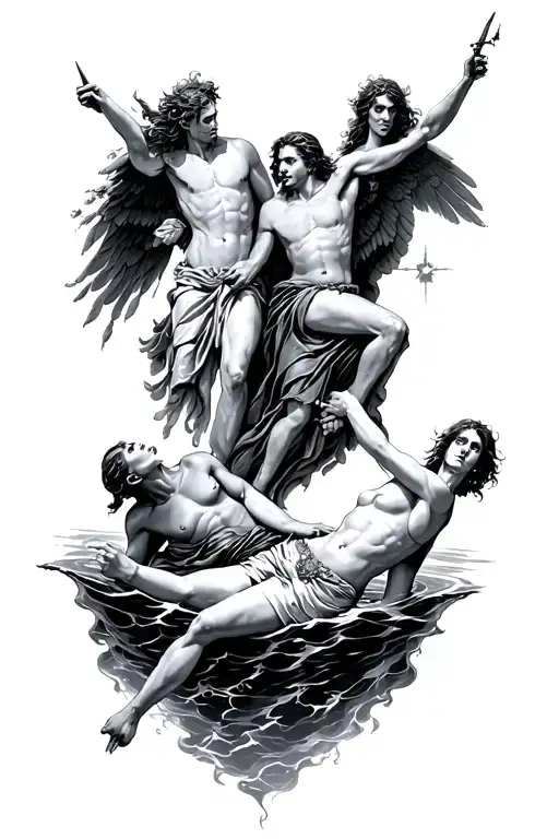 greek mythology featuring hades, charon on the river styx, falling icarus and artemis tattoo design idea