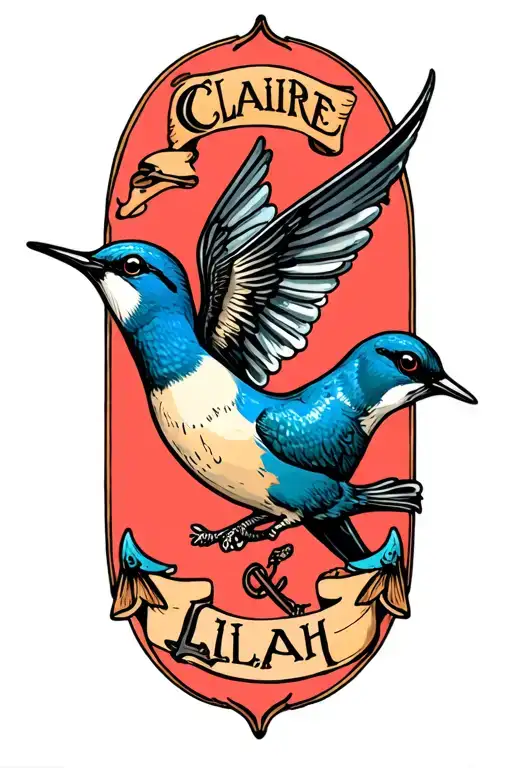 swallow, anchor, daughters name written - Claire and Lilah tattoo design idea