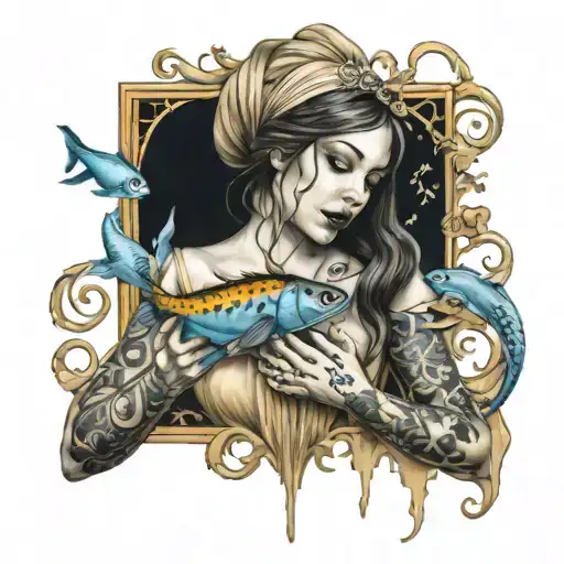 A realism tattoo design of a princess holding a fish in her hand, with musical notes floating around her, capturing the essence of love and despair tattoo design idea