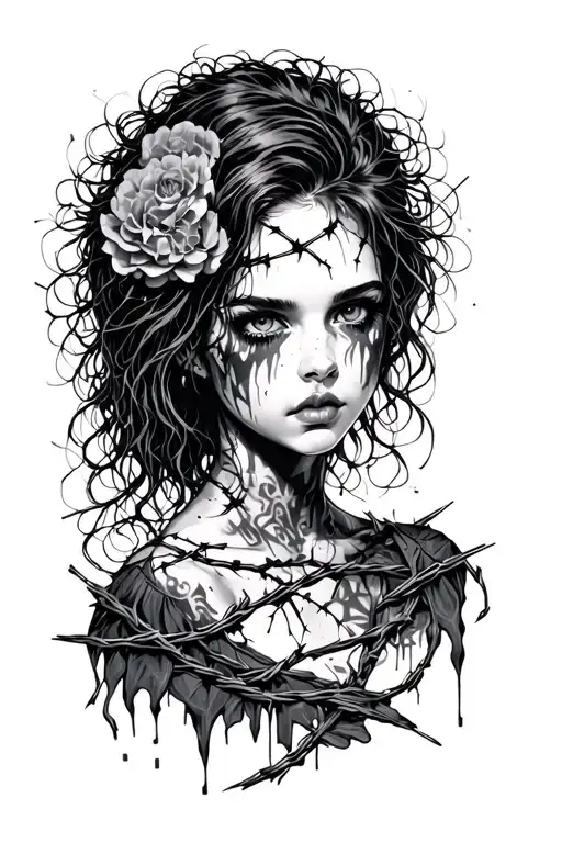 growth from an abusive childhood trauma with barbed wire and punchy for woman  tattoo design idea