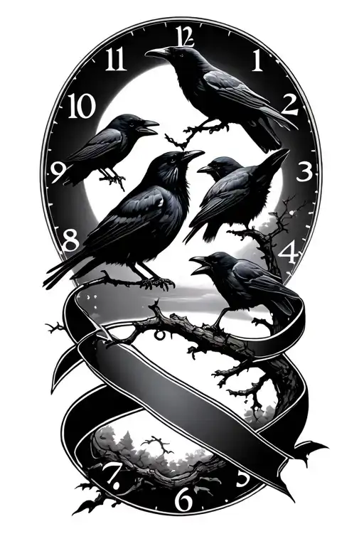 night sky, crows, tree branch, time, ribbon tattoo design idea