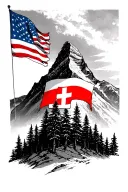 matterhorn mountain with trees under and a america flag mixed with swiss flag under it  tattoo design idea