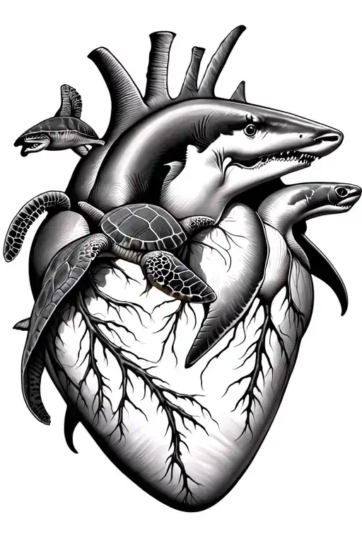 Great white sharks and sea turtles circling an anatomical heart with ocean themes tattoo design idea