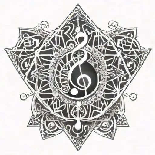 A geometric mandala incorporating musical notes and symbols, symbolizing the harmony between music and spirituality tattoo design idea