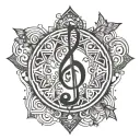 A geometric mandala incorporating musical notes and symbols, symbolizing the harmony between music and spirituality tattoo design idea