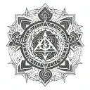 A geometric mandala incorporating musical notes and symbols, symbolizing the harmony between music and spirituality tattoo design idea