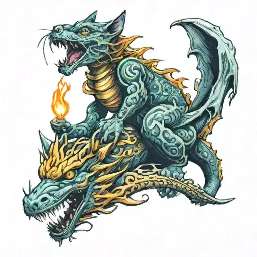 cat riding a dragon breathing fire tattoo design idea