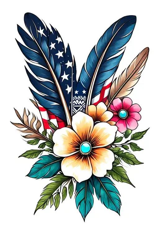 multiple feathers, american flag,and turquoise western jewelry, flowers, with aztec pattern gap fille, with green leaves tattoo design idea
