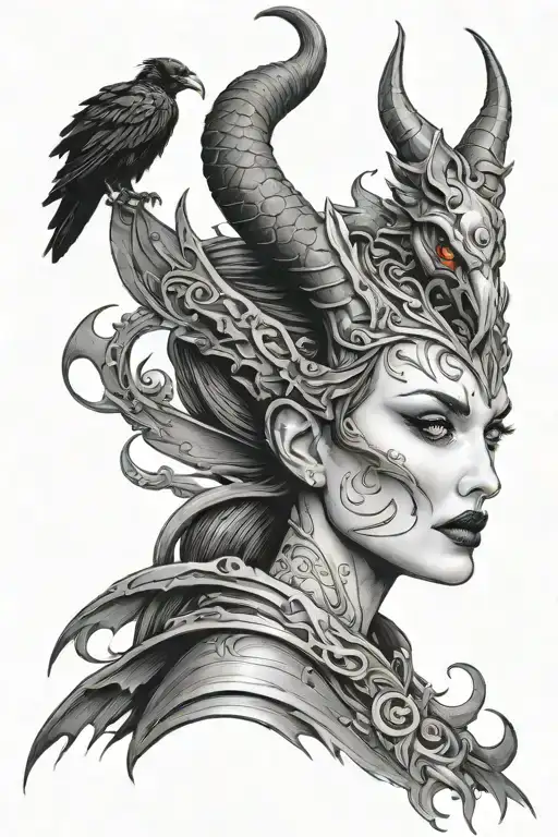 Maleficent with crow and dragon tattoo design idea