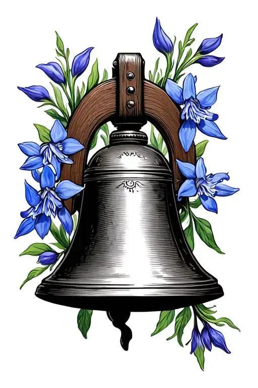 forearm tattoo: old church bell surrounded by bluebells flowers tattoo design idea