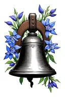 forearm tattoo: old church bell surrounded by bluebells flowers tattoo design idea