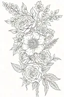 fine line tattoo of Aster Rose Larkspur carnation bouquet very skinny for back area don't make flowers big and realistic tattoo design idea