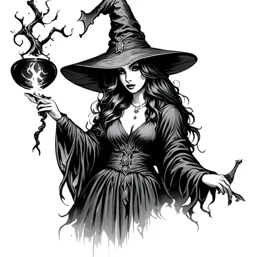 neo traditional witch casting a spell black and white tattoo design idea