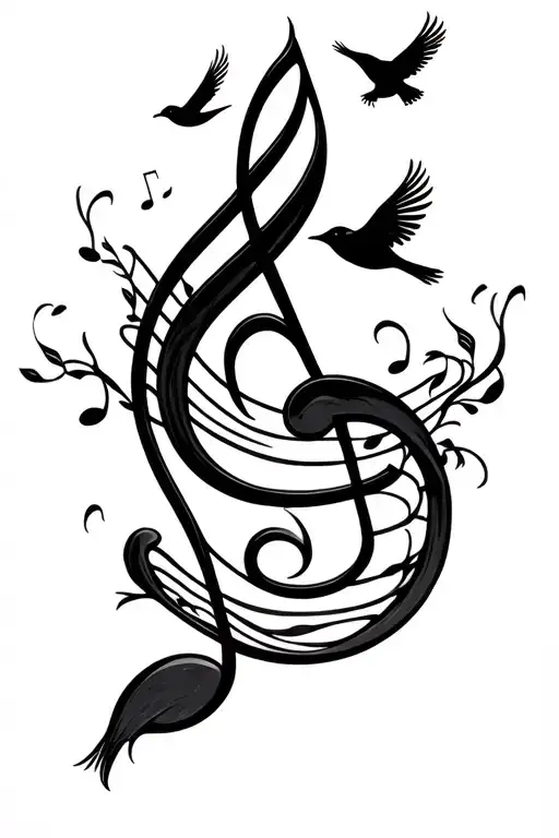 1 music notes floating with 3 birds flying  tattoo design idea