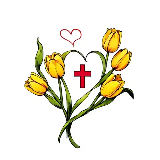 yellow tulips, connected wavy vine around my wrist, a feminine cross on the back of my wrist, artistic fulfilled heart tattoo design idea