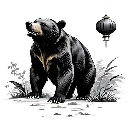 formosan black bear in a jungle forest background roaring with taiwanese lanterns in the background  tattoo design idea