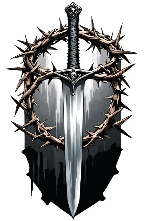 sword pointing down with a crown of thorns hanging on its hilt tattoo design idea