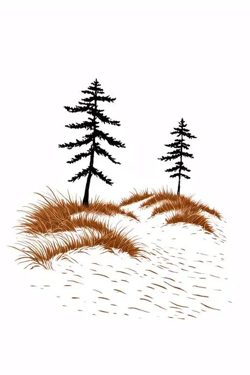 beach + dunes + shore pine trees + brown grasses tattoo design idea