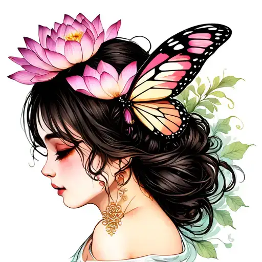 girl butterfly lotus tattoo design idea