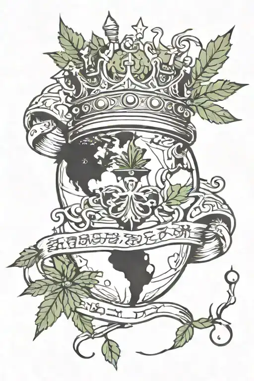 a world with a crown on top with money a weed leaf intertwined tattoo design idea