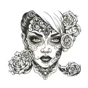 Woman's head turned to the right with black eyes and black eye shadow. tattoo design idea