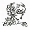 Woman's head turned to the right with black eyes and black eye shadow. tattoo design idea