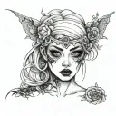 Woman's head turned to the right with black eyes and black eye shadow. tattoo design idea