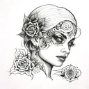 Woman's head turned to the right with black eyes and black eye shadow. tattoo design idea