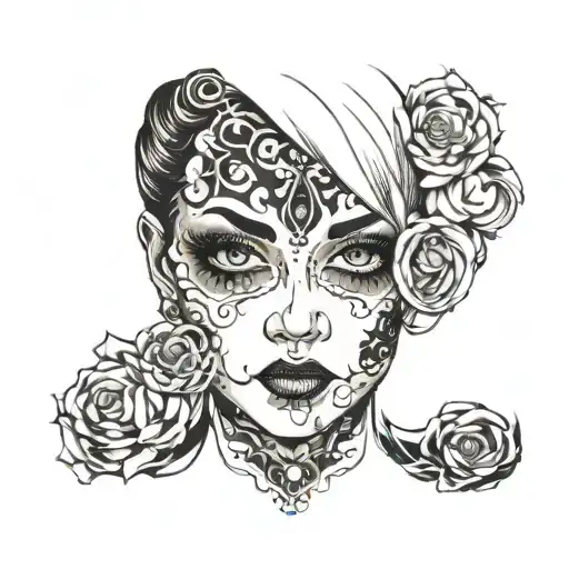 Woman's head turned to the right with black eyes and black eye shadow. tattoo design idea