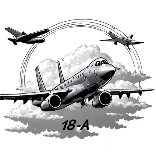 jet airplane flying. a few clouds around it. "18 A" written below it tattoo design idea