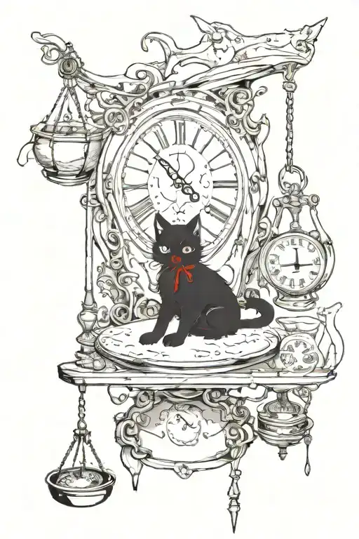 black cat horror blood sits on scales steelyard on which lies a dead white rabbit tattoo design idea