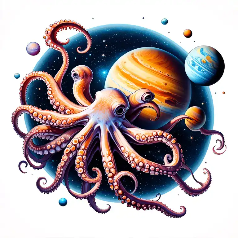 galaxy octopus eating planets orbiting tattoo design idea