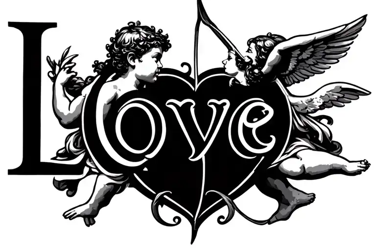 "Love" male cherub shooting arrow at female  tattoo design idea
