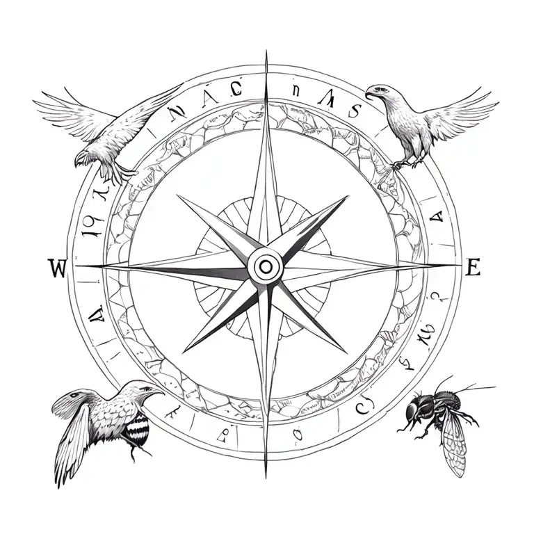  compass with scales at its center-  eagle- north,  east - ancient oak, west- phoenix, south- bees honeycomb  tattoo design idea