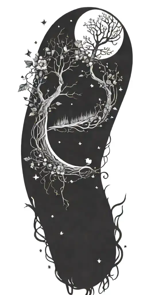 A mystical forest scene with a crescent moon and stars intertwined with vines and flowers tattoo design idea
