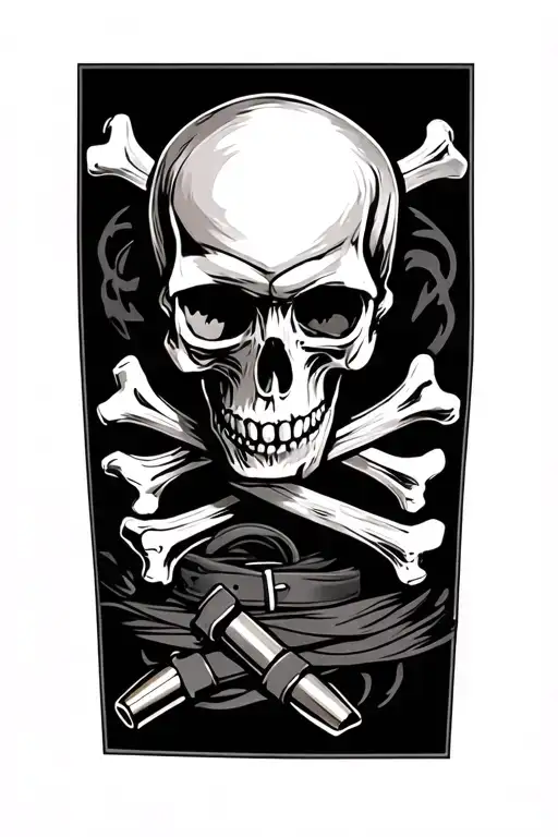 skull and cross bones with bullet belt to wrap around the leg tattoo design idea