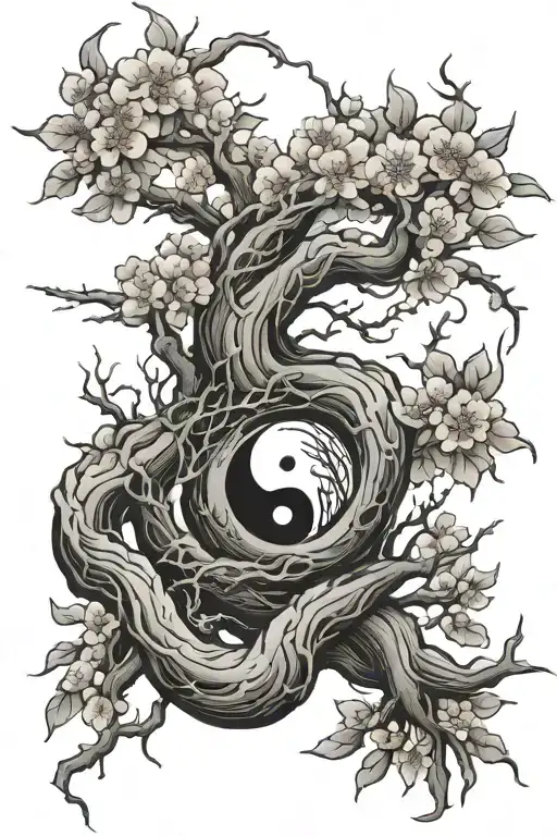 ying yang in cherry blossom tree roots growing tattoo design idea